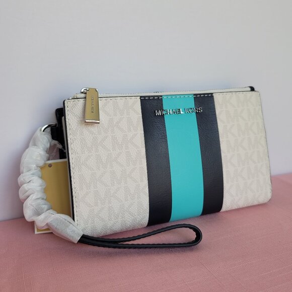 MICHAEL KORS Jet Set Double Zip Signature Phone Wristlet- Ocean Blue Multi 🎈⭐ - Picture 5 of 16